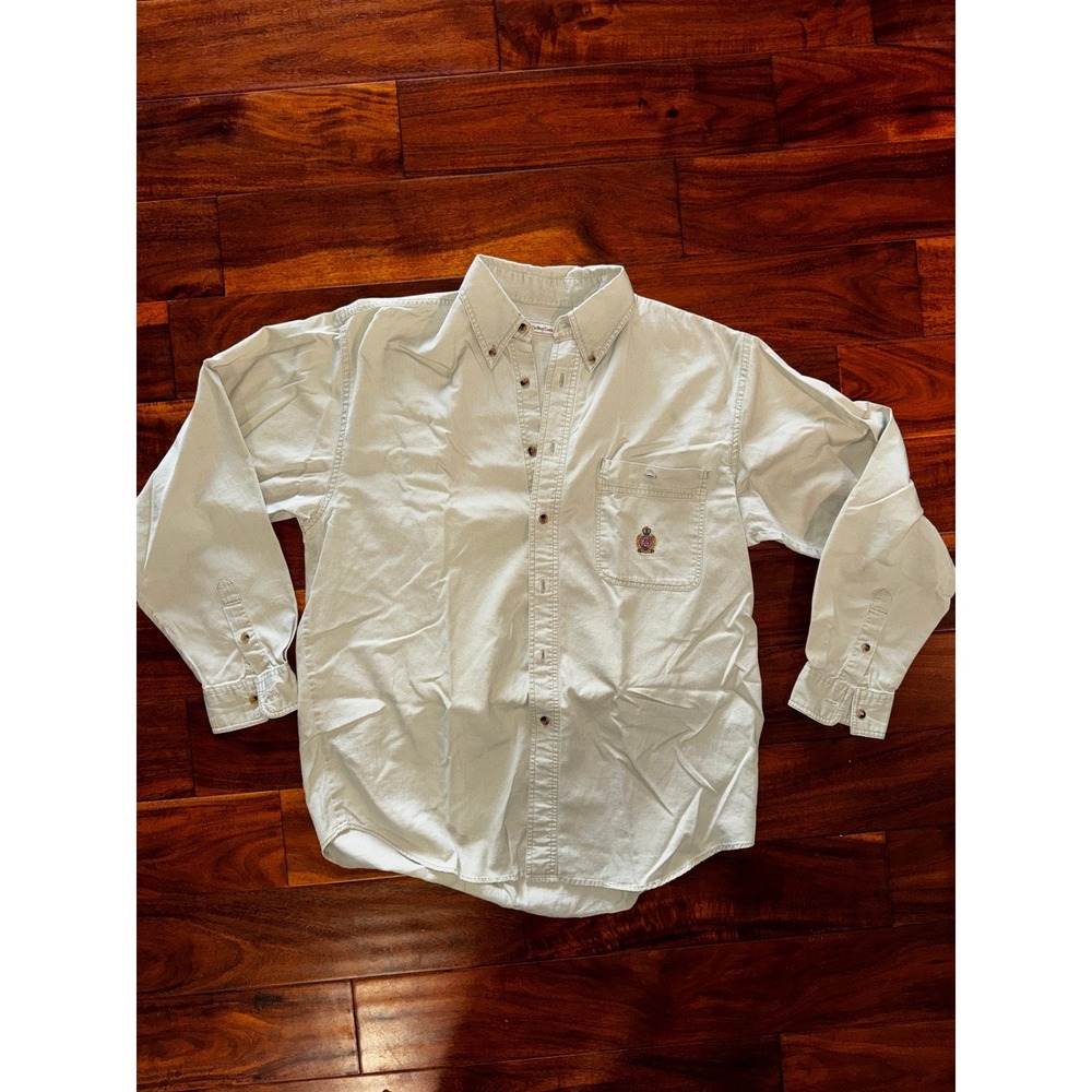 Bugle Boy Mens Khaki Cotton Twill Long Sleeve Button Down Crest Logo Shirt M